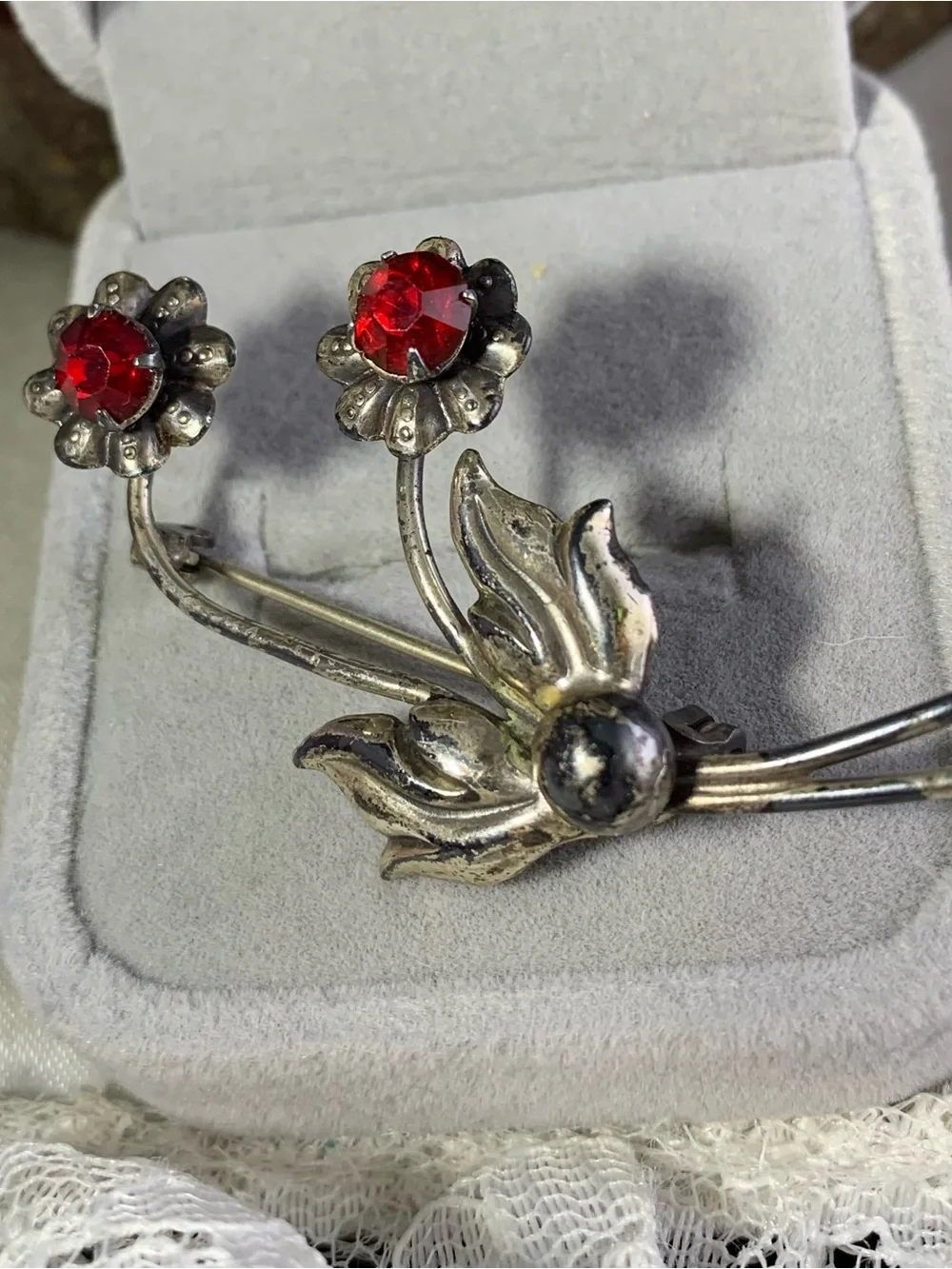 Vintage Sterling Silver Floral Brooch with Red Rhinestone Centers.Lang Sterling